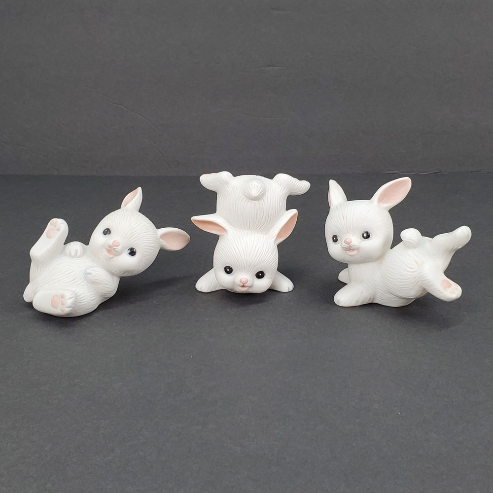 HOMCO 1454 Vintage Porcelain Bunny Figurines Set of 3 White Rabbits Philippines